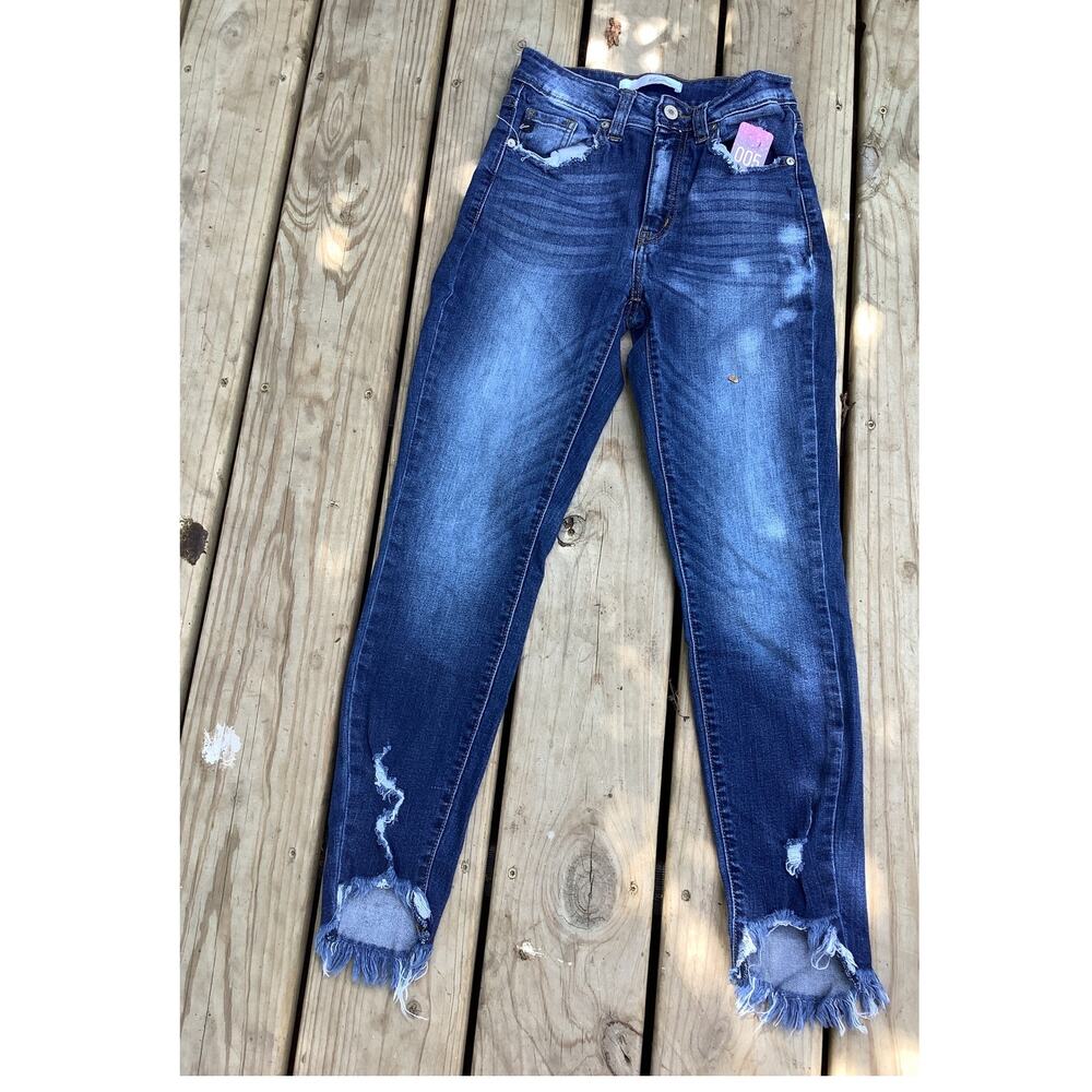 KanCan High Rise Distressed Skinny Jeans Size 1 Frayed Tulip Step Hem Boho